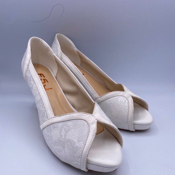 FSJ White Peep Toe Stilettos Heels Lace Wedding - Picture 3 of 9